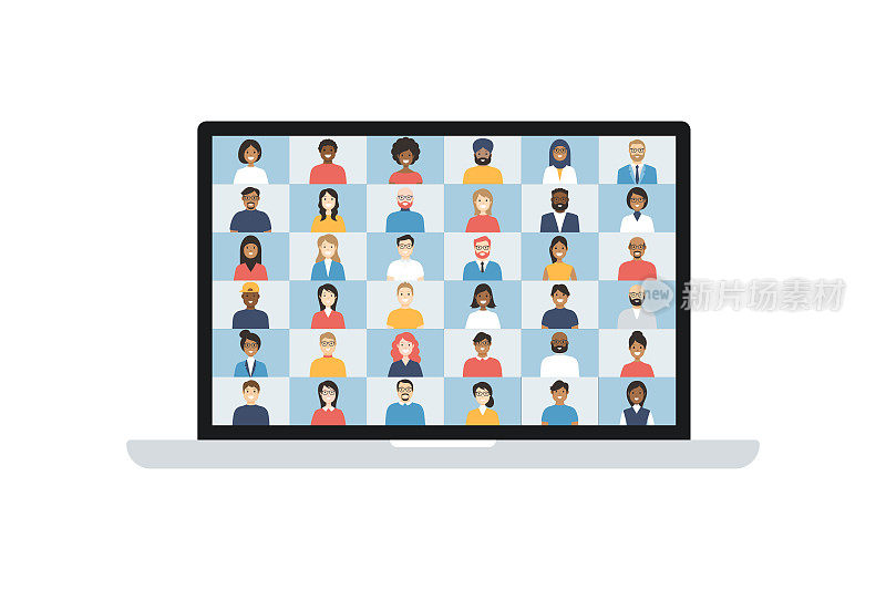 Video conference. Group of people on computer, laptop, notebook screen. Multicultural friends and colleagues. Working at Home. Vector stock illustration